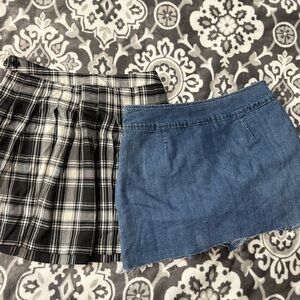Plaid pleated skirt and Denim Women's mini Skirt Set